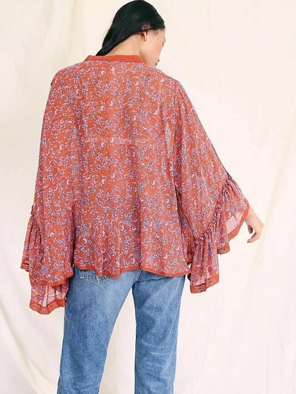 Free People Lola Kimono Floral Bell Sleeve Tassel Tie Cardigan Large - Picture 2 of 7